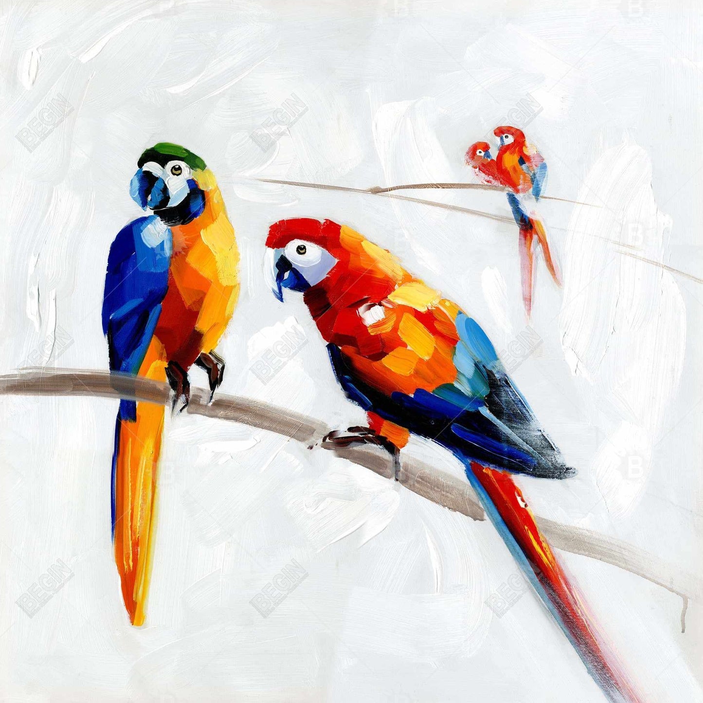 Parrots on a Branch Canvas | Contemporary Bird Art Decor