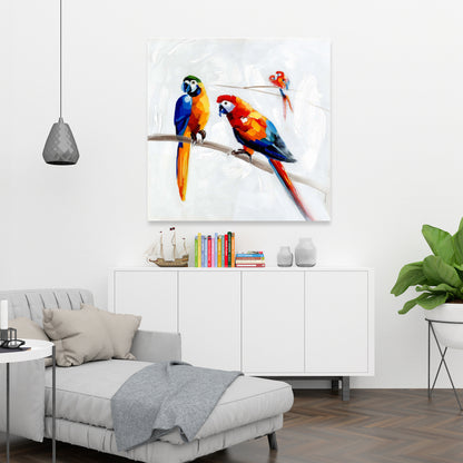 Parrots on a Branch Canvas | Contemporary Bird Art Decor