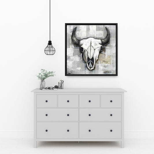 Industrial Bull Skull Canvas | White Bedroom Skull Decor