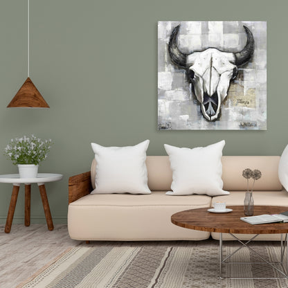 Toile Crâne de taureau blanc – Décoration de chambre de style industriel