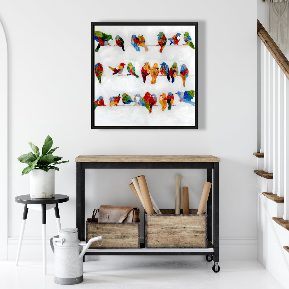 Colorful Birds on a Wire | Framed Canvas Home Decor Art