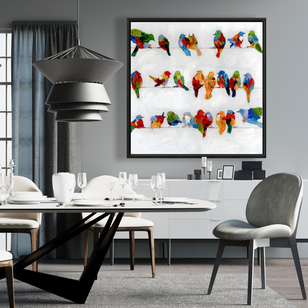 Colorful Birds on a Wire | Framed Canvas Home Decor Art