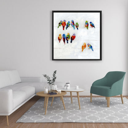 Colorful Birds on a Wire - Blue Bedroom Framed Canvas Decor