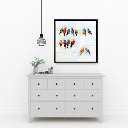 Colorful Birds on a Wire - Blue Bedroom Framed Canvas Decor