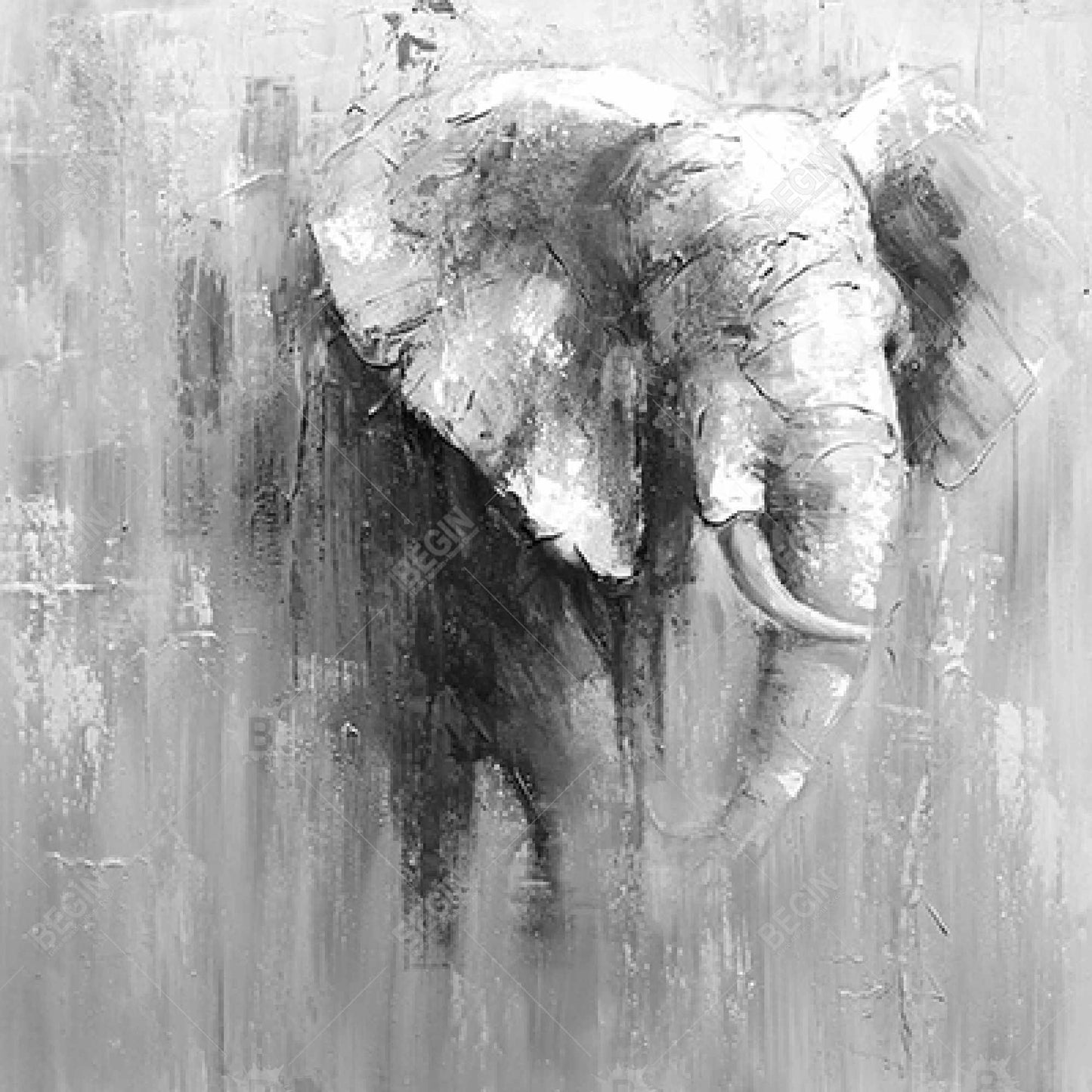 Toile abstraite représentant un éléphant en niveaux de gris | Décoration d'éléphant blanc