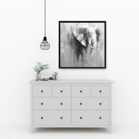 Toile abstraite représentant un éléphant en niveaux de gris | Décoration d'éléphant blanc