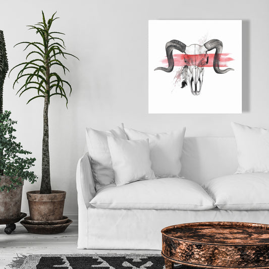 Aries Skull with Feather Canvas - Ethnic Gray Home Decor