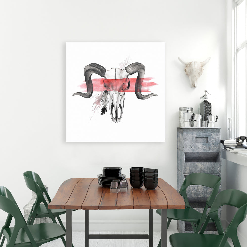 Aries Skull with Feather Canvas - Ethnic Gray Home Decor