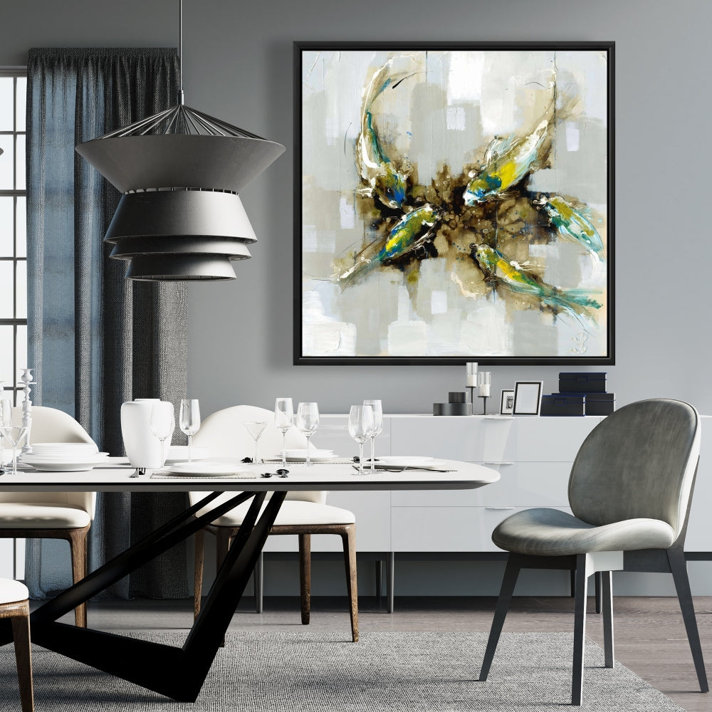 Four Abstract Koi Fishes | Blue Framed Canvas | Home Decor