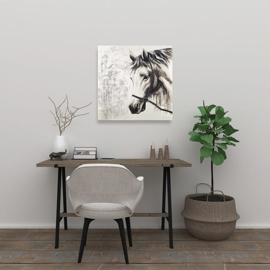 Alpha le cheval blanc – Décoration minimaliste sur toile représentant des animaux de la ferme
