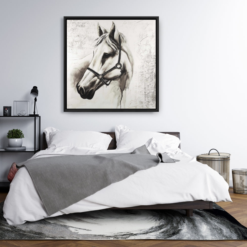 Toile minimaliste Flicka le cheval blanc | Décoration d'animaux de la ferme