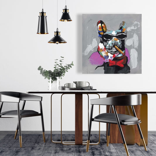 Abstract Bulldog with Cigar Gray Canvas - Pet Decor for Home
