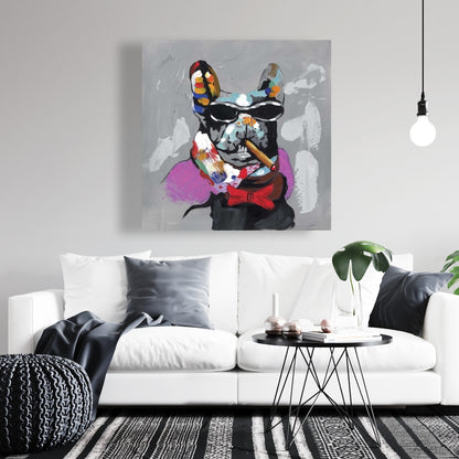 Abstract Bulldog with Cigar Gray Canvas - Pet Decor for Home