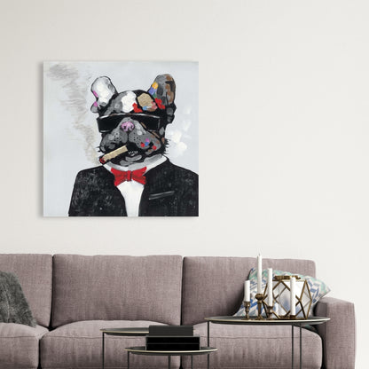 Smoking Gangster Bulldog Canvas | Gray Animal Art Home Decor