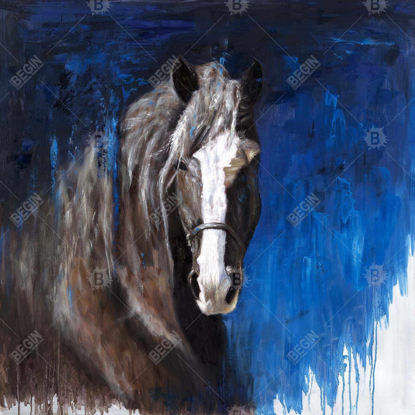 Toile bleue avec cheval brun | Décoration d'intérieur encadrée avec animaux de la ferme