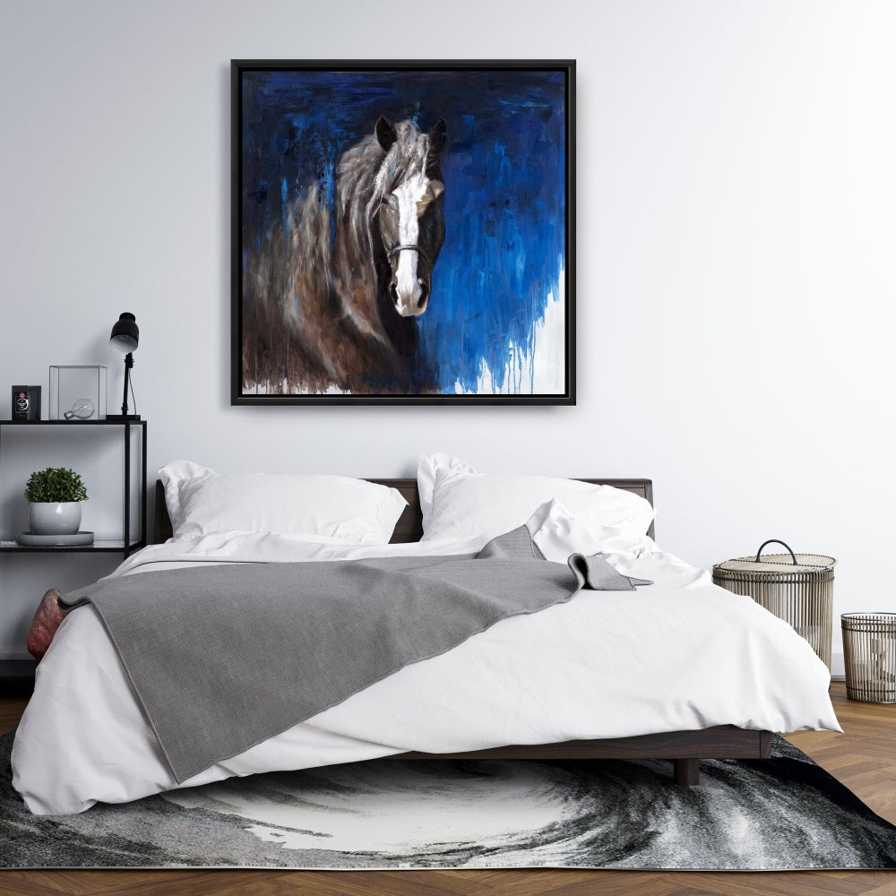 Toile bleue avec cheval brun | Décoration d'intérieur encadrée avec animaux de la ferme
