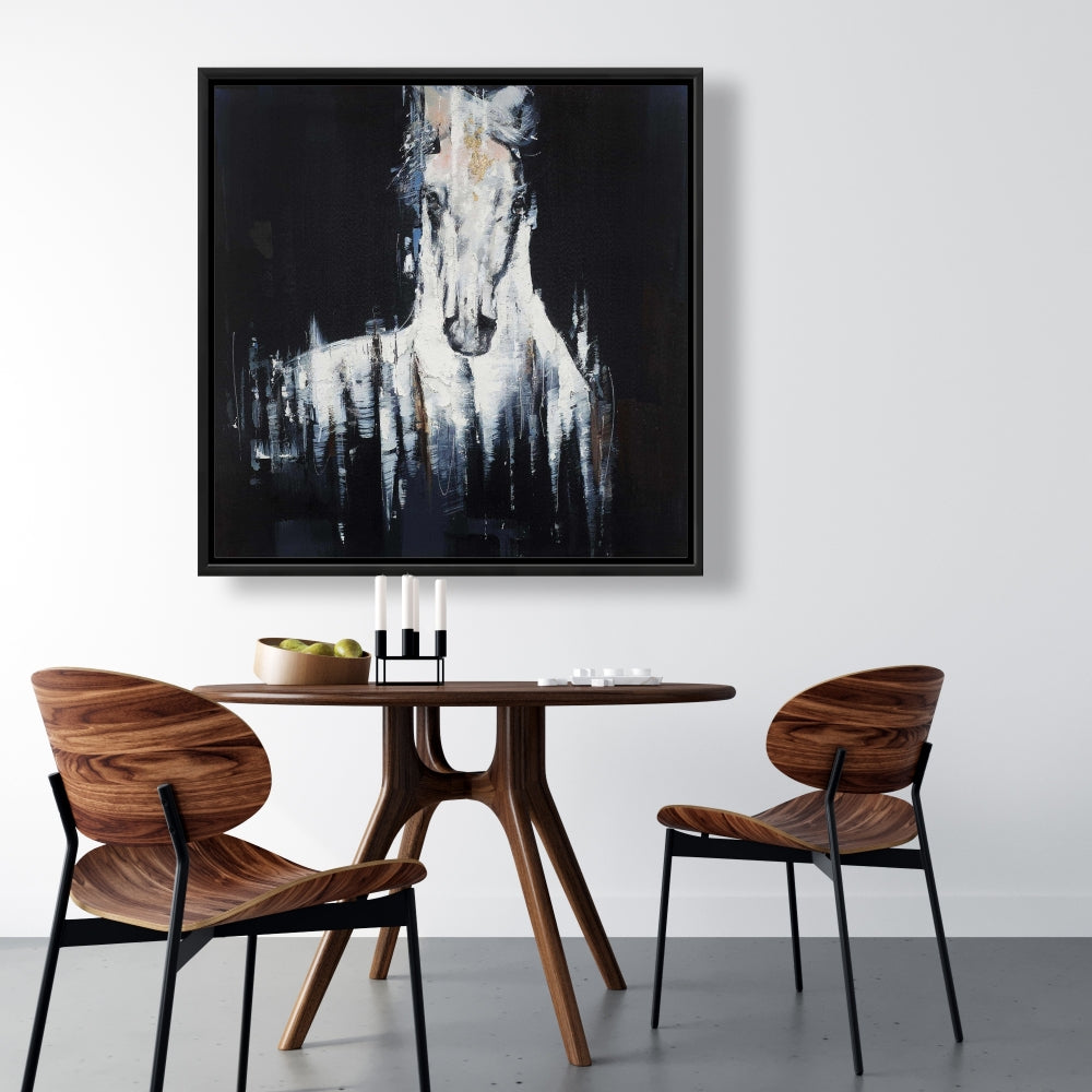 Toile abstraite de cheval blanc | Décoration d'intérieur avec animaux de la ferme bleus
