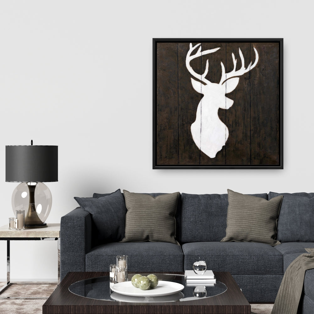 Toile Silhouette de cerf blanc | Décoration murale rustique encadrée en bois