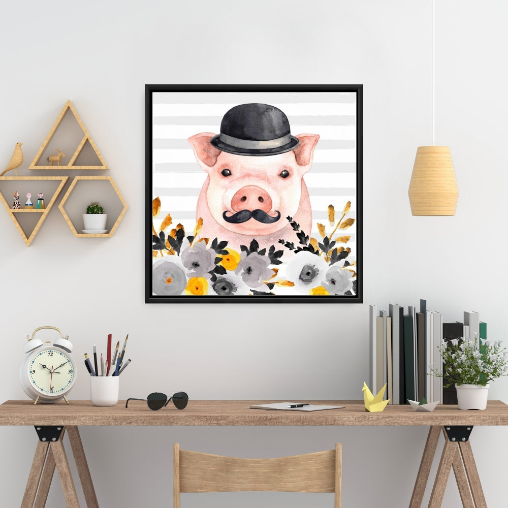 Toile encadrée Petit cochon détective | Décoration de chambre animalière mignonne
