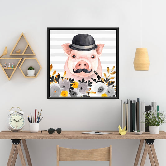 Small Detective Pig Framed Canvas | Cute Animal Bedroom Decor