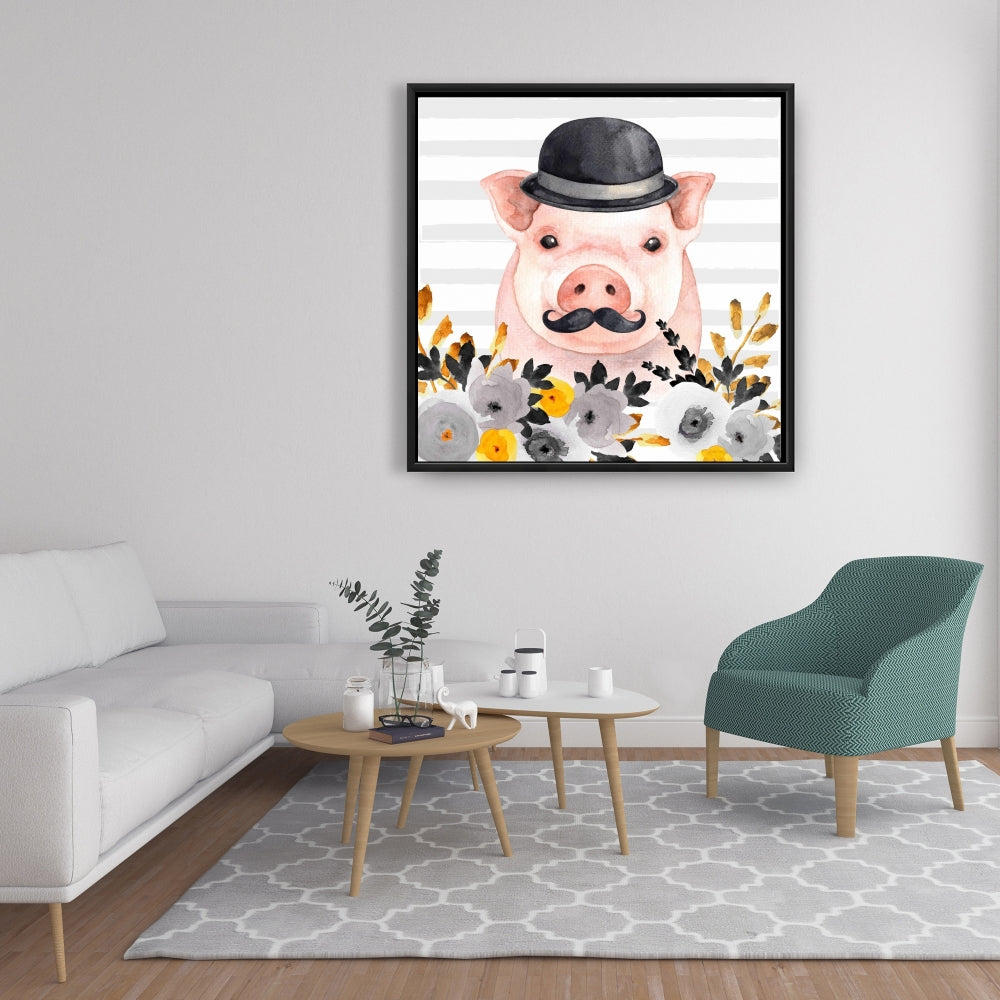 Toile encadrée Petit cochon détective | Décoration de chambre animalière mignonne