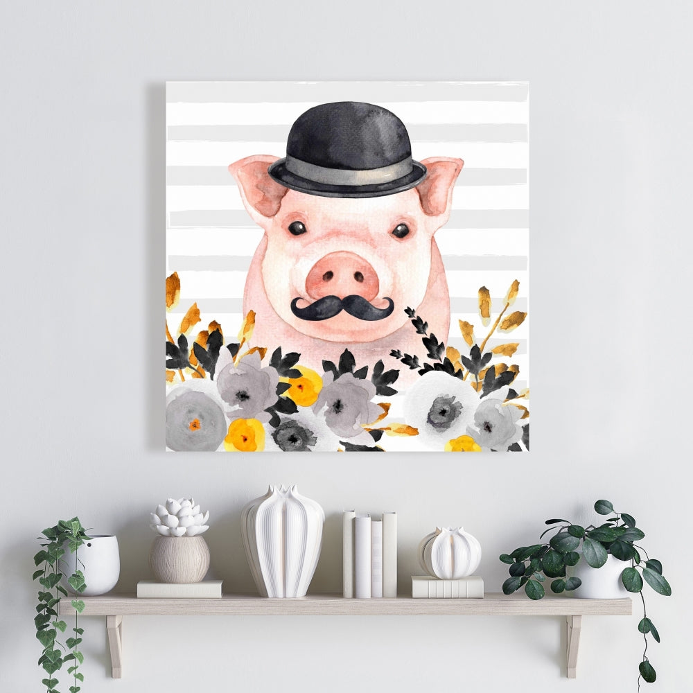 Small Detective Pig Canvas - Gray Farm Animals Home Decor