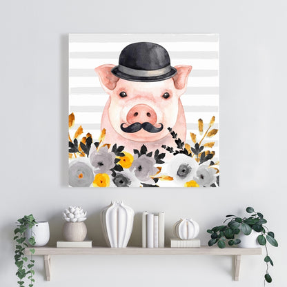 Small Detective Pig Canvas - Gray Farm Animals Home Decor