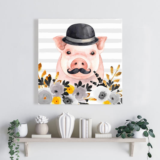 Small Detective Pig Canvas - Gray Farm Animals Home Decor