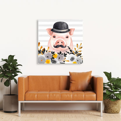 Small Detective Pig Canvas - Gray Farm Animals Home Decor