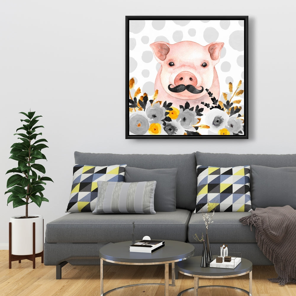 Petit cochon déguisé | Toile encadrée noire pour décoration intérieure