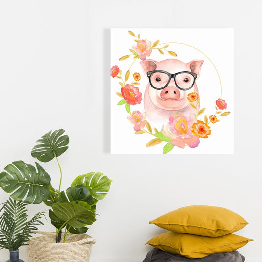 Happy Little Pig Canvas - Farm Animal Yellow Wall Art Decor