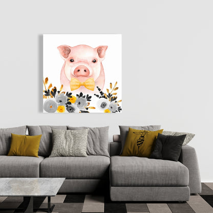 Chic Pig Yellow Canvas | Animal Bedroom Wall Art Decor