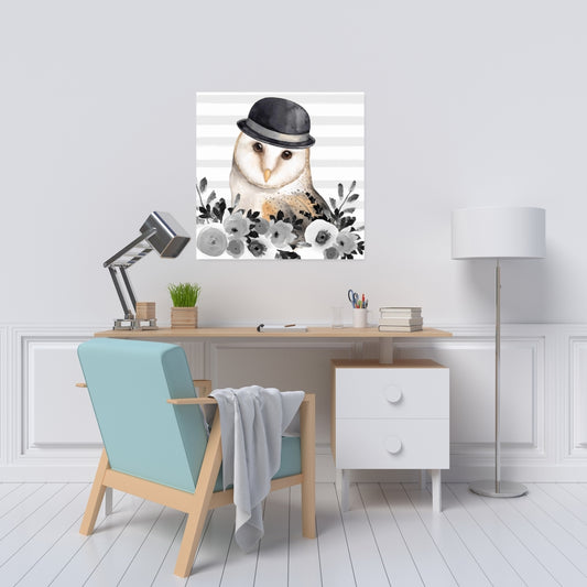 Owl Detective White Flowers Canvas - Home Decor Wall Art