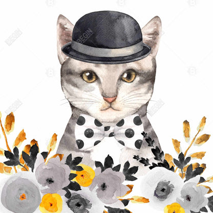 Toile encadrée « Chat chic » | Décoration animalière grise pour chambre