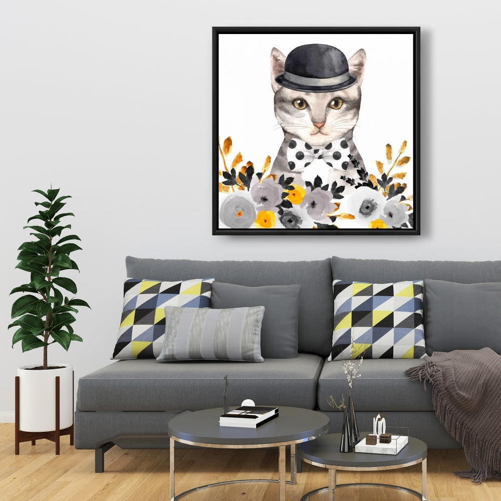 Toile encadrée « Chat chic » | Décoration animalière grise pour chambre