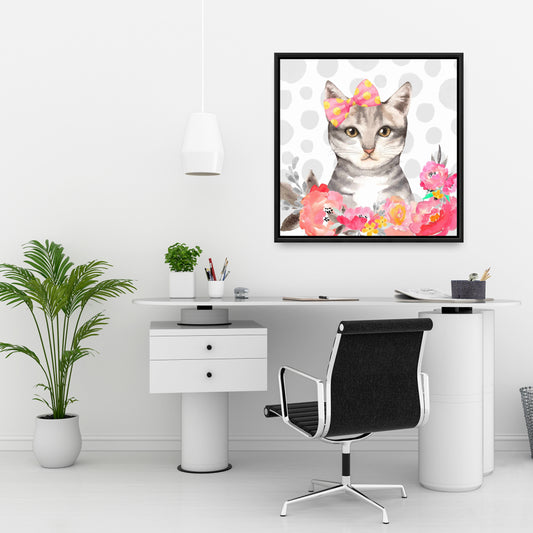 Charming Cat Framed Canvas | White Pet Art for Home Decor