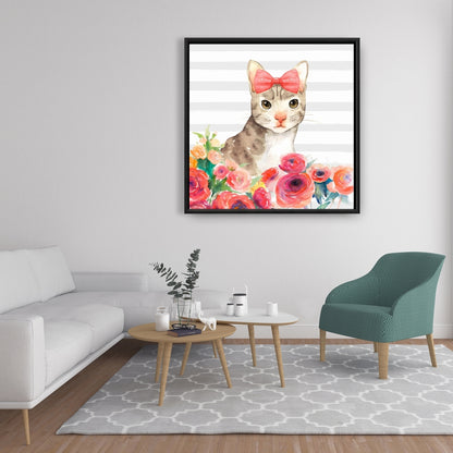 Toile encadrée Animaux gris - Décor petit chat avec fleurs