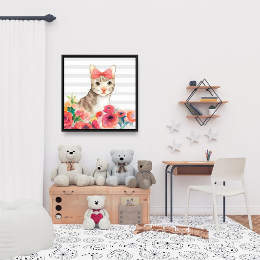 Gray Animals Framed Canvas - Small Cat with Flowers Decor