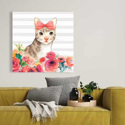 Small Cat with Flowers Canvas - Bedroom Animal Wall Decor