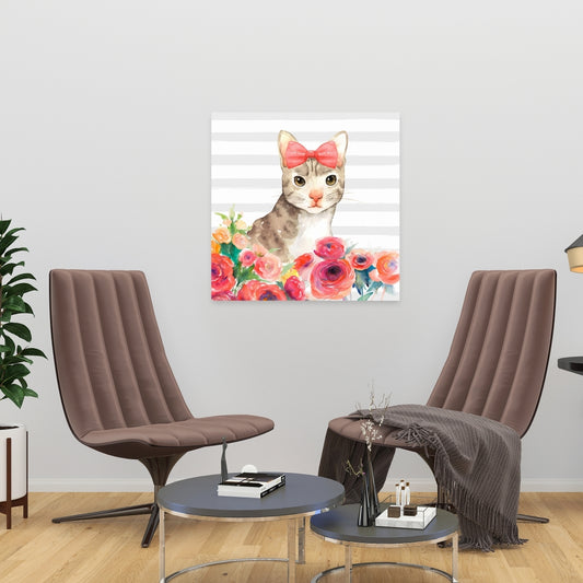 Small Cat with Flowers Canvas - Bedroom Animal Wall Decor