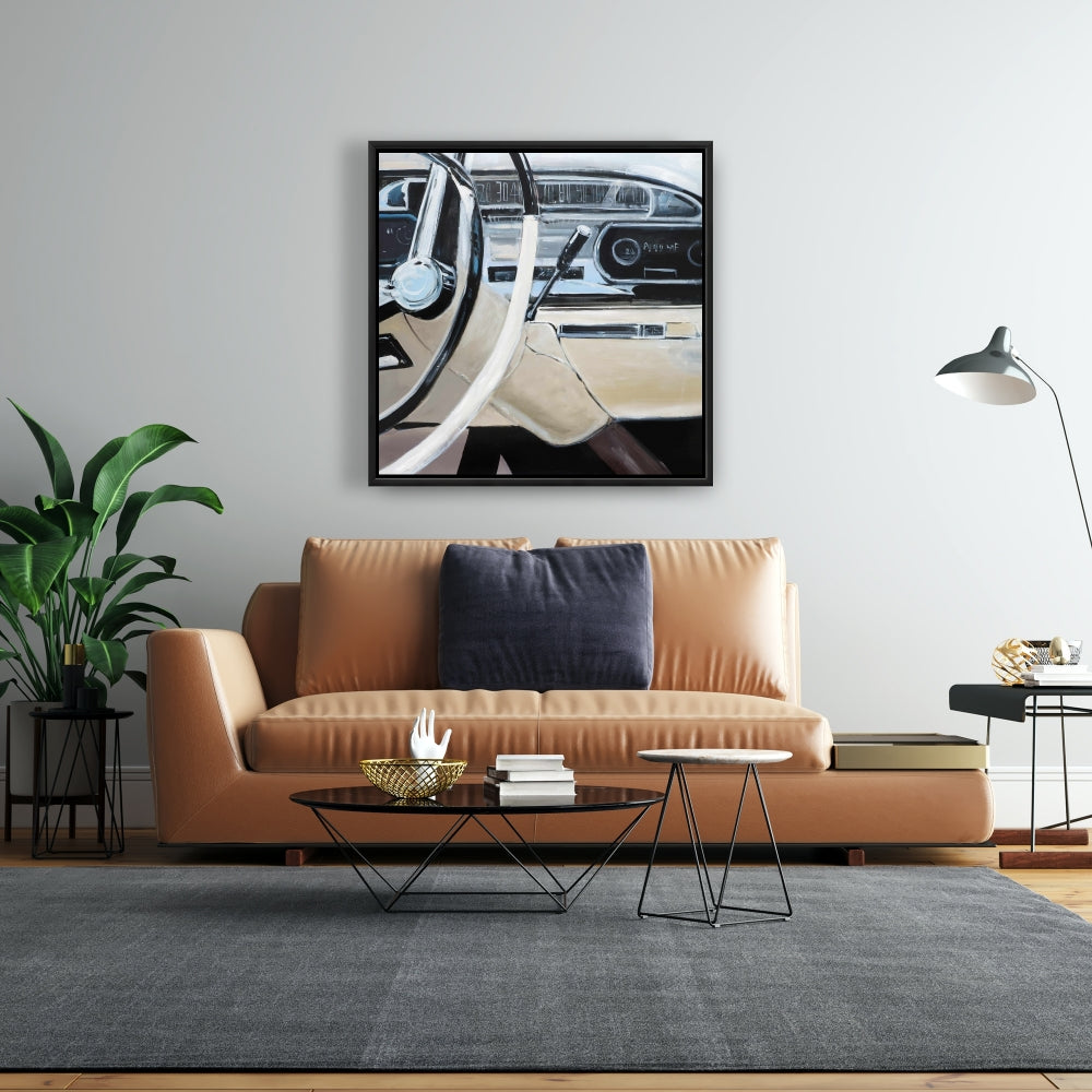 Tableau de bord de voiture des années 1950 sur toile grise | Décoration murale