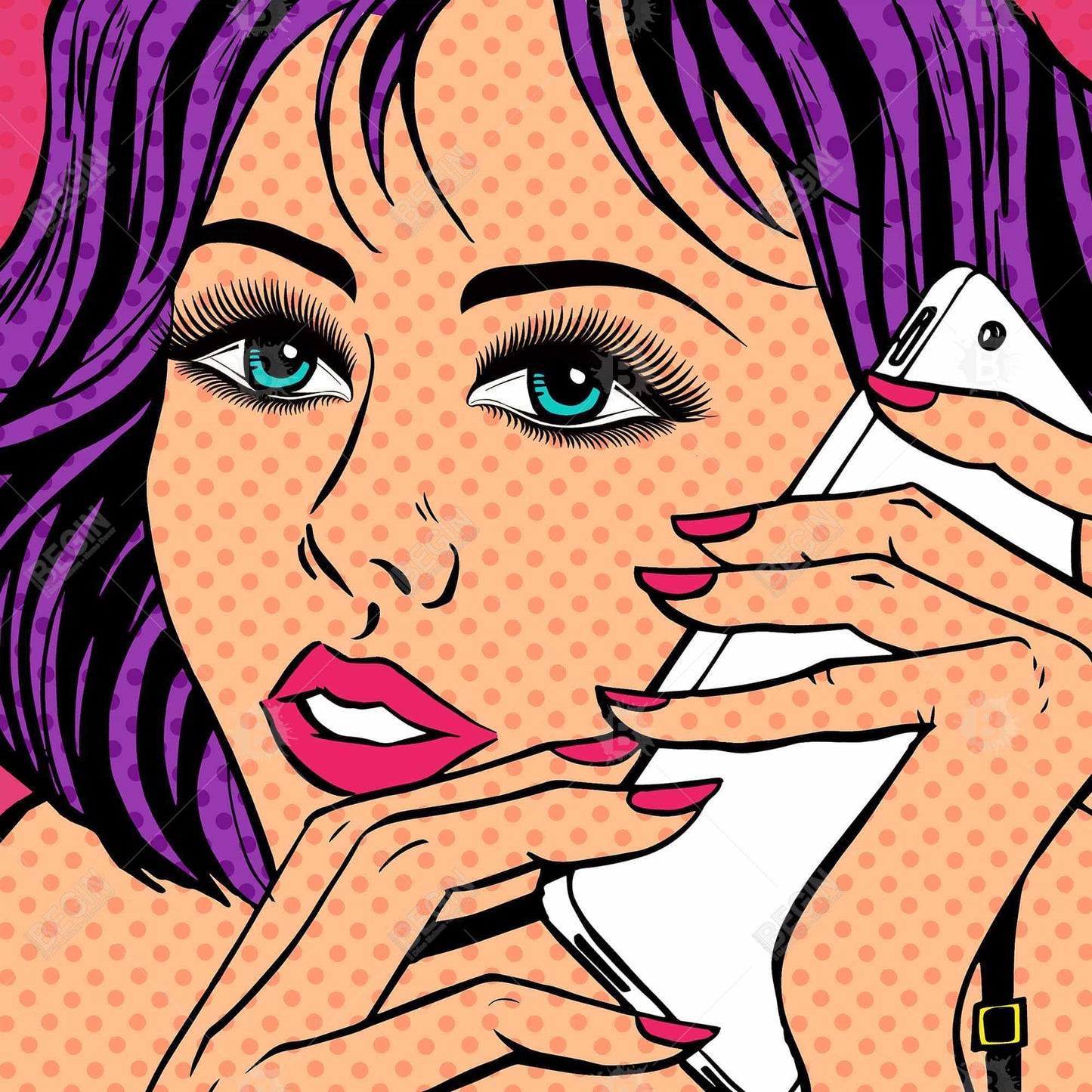 Toile Pop Art : Femme au téléphone – Cadre rétro violet