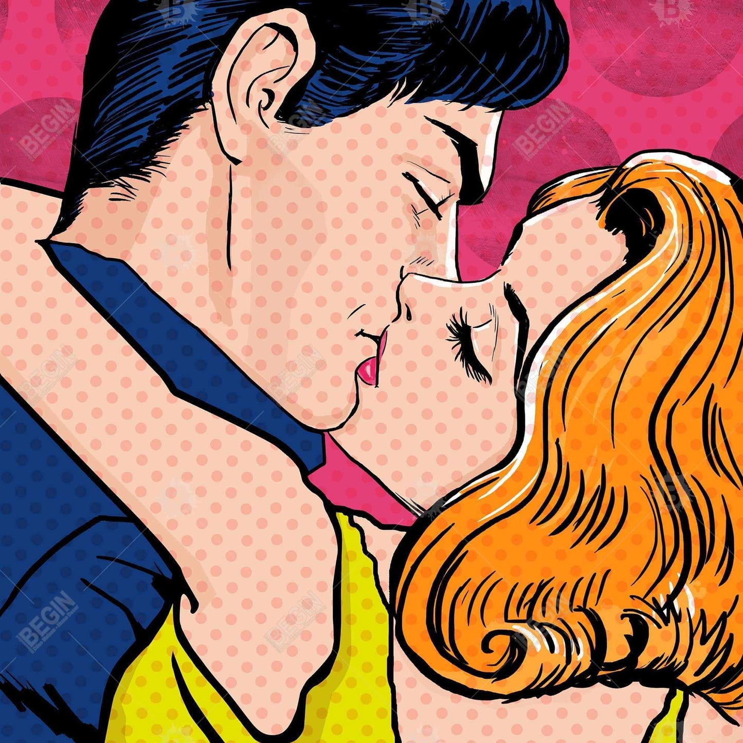 Toile de couple style Pop Art | Figurine de femme encadrée bleue