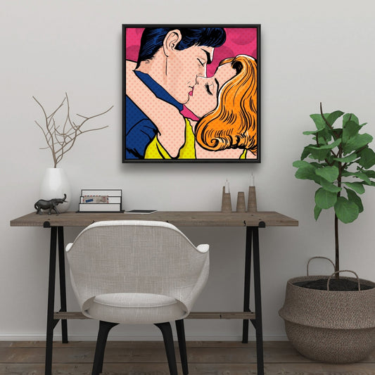 Toile de couple style Pop Art | Figurine de femme encadrée bleue