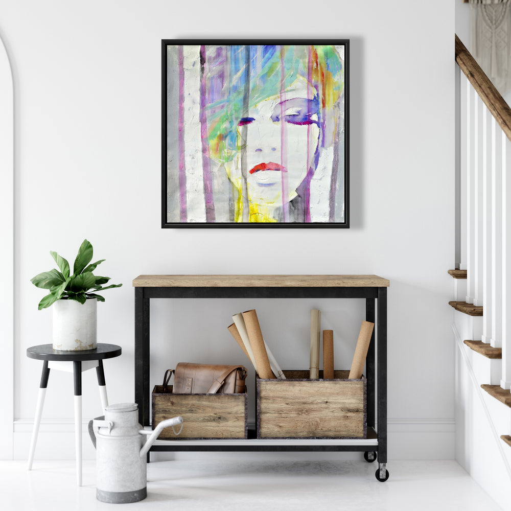 Portrait abstrait et coloré | Toile encadrée grise | Décoration d'intérieur