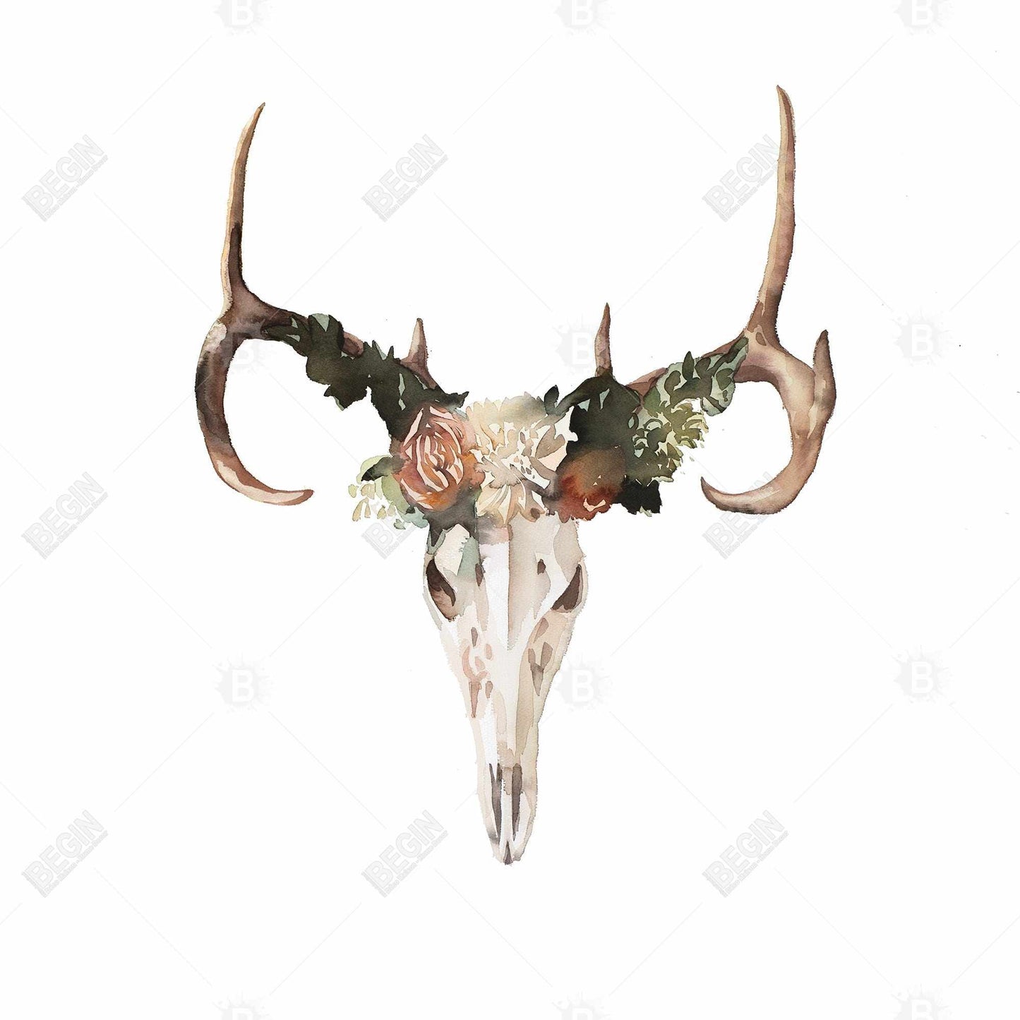 Rustic Deer Skull Canvas with Roses - Bedroom Wall Decor