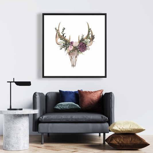 Toile rustique avec crâne de cerf et fleurs | Décoration murale pour chambre