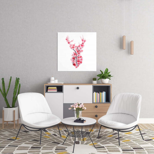 Asian Pink Deer Canvas - Deer in Cherry Blossoms Wall Art