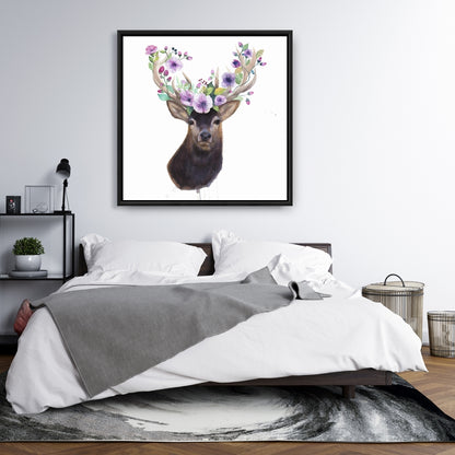 Toile encadrée « Tête de chevreuil avec fleurs » | Décoration romantique pour chambre à coucher