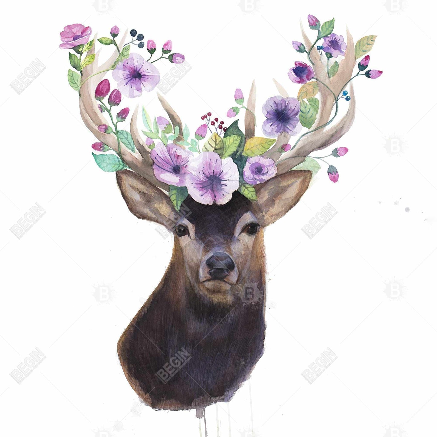 Roe Deer Head with Flowers Framed Canvas | Romantic Bedroom Art